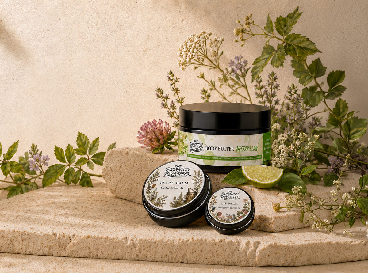 Hedgerow Honey lip balm, Cedar & Smoke beard balm and Nectar & Lime body butter