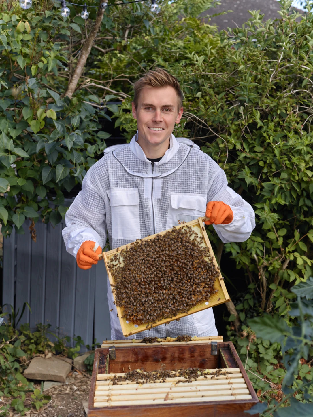 Jack holding a frame of bees at the Brighton apiary
