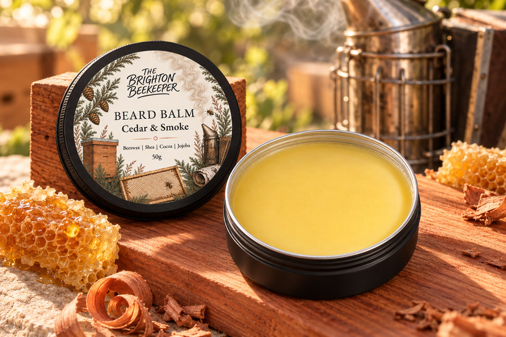 Open Cedar & Smoke Beard Balm with cedar wood, honeycomb and a beekeeper’s smoker
