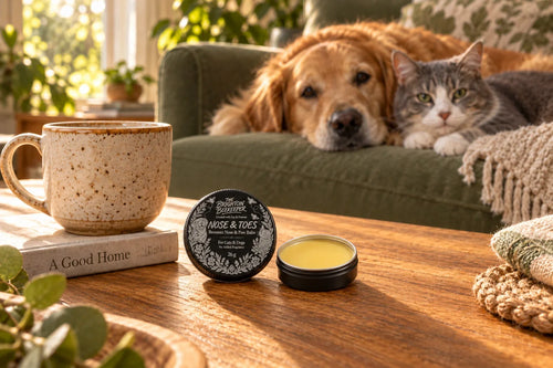 Nose & Toes nose and paw balm with a golden retriever and tabby cat