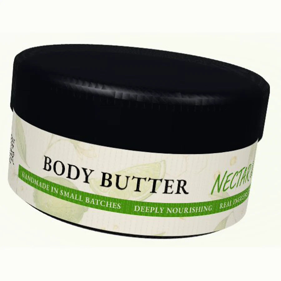 Nectar and Lime body butter in a dark glass jar with its green botanical wraparound label