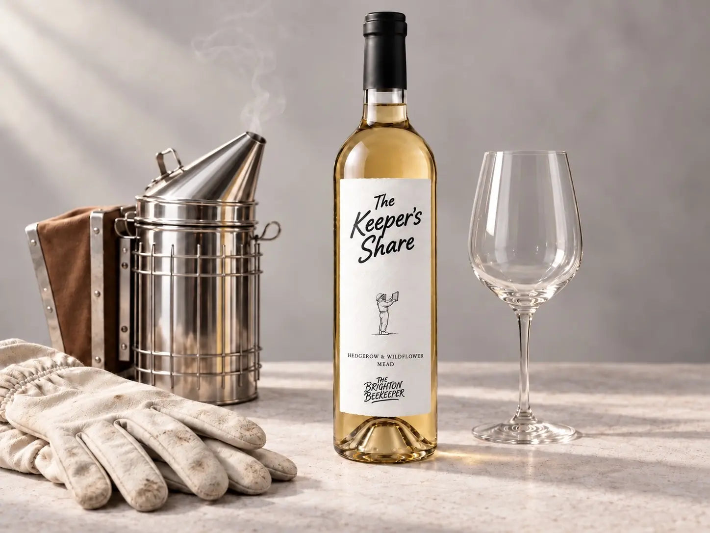 The Keeper’s Share mead bottle beside a wine glass, beekeeper’s smoker and gloves